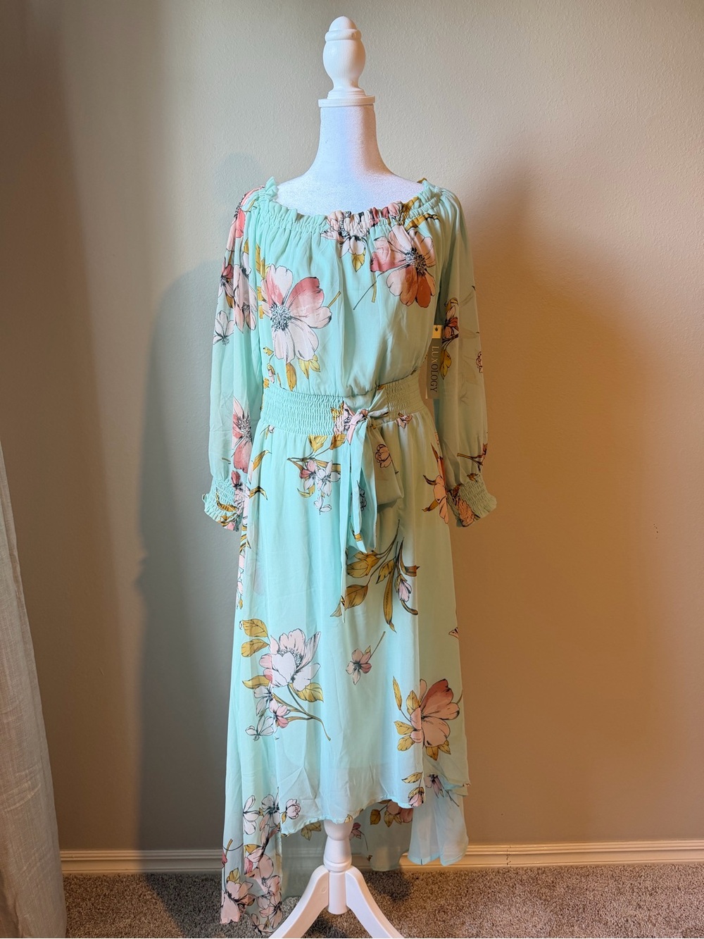 Luxology Mint Green Floral High-Low Off-Shoulder Dress